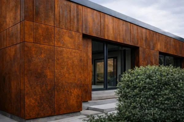 Moderní dům s fasádou z corten oceli a přirozenou patinou v exteriéru