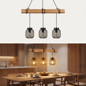 Designové závěsné svítidlo z dubového dřeva s kovovým stínidlem