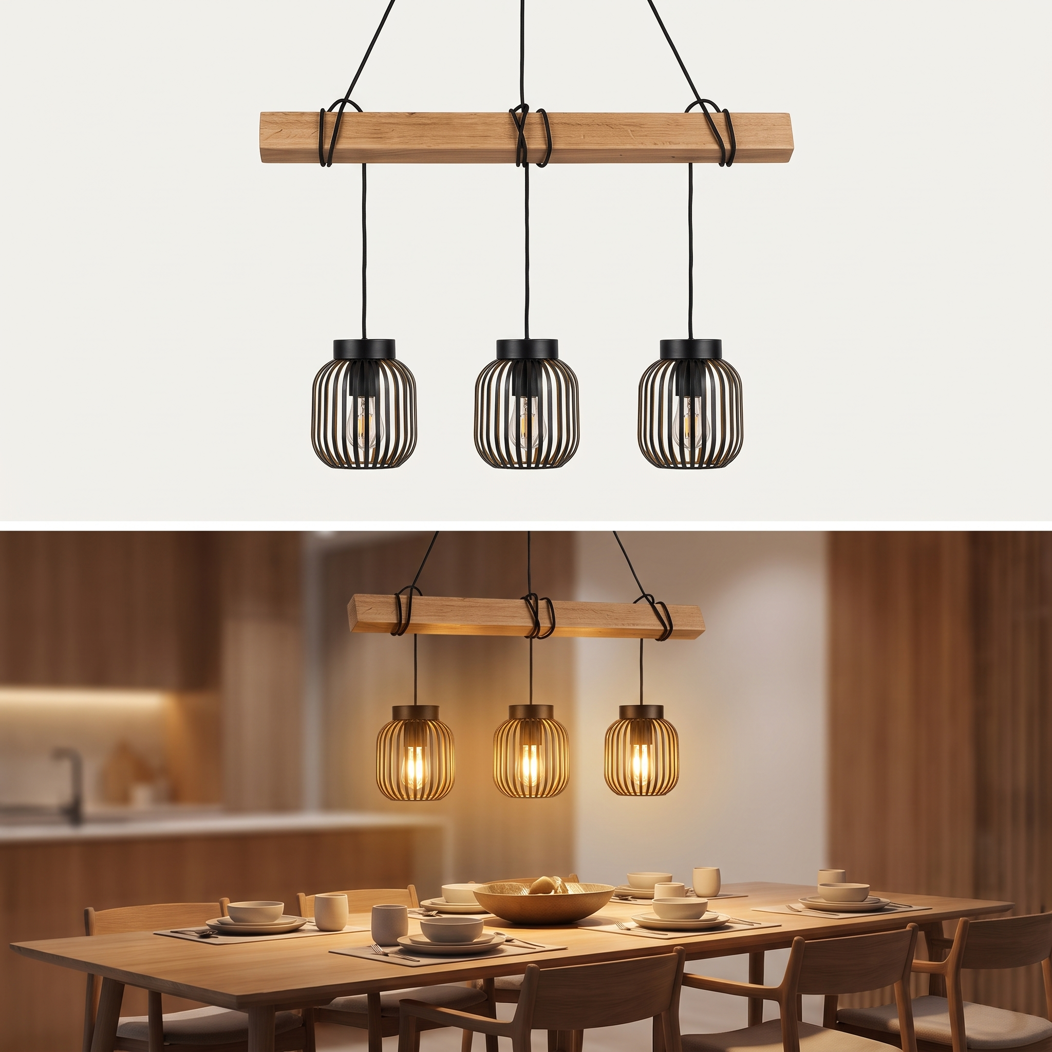 Designové závěsné svítidlo DUB TRIO z masivního dubu se třemi kovovými stínidly