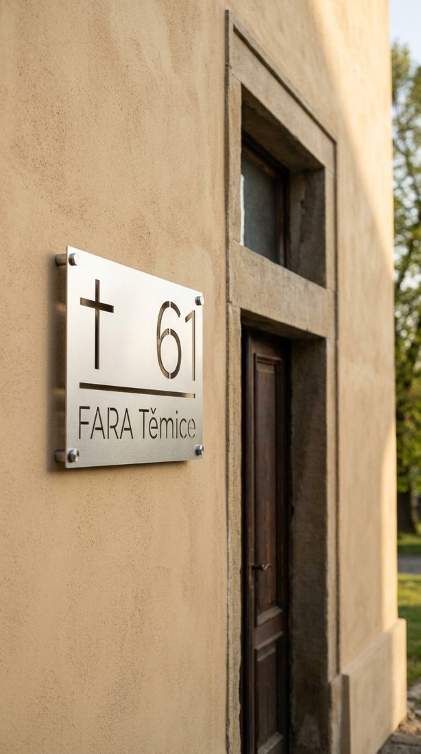 Cedule FARA Těmice 61 u vstupu do budovy