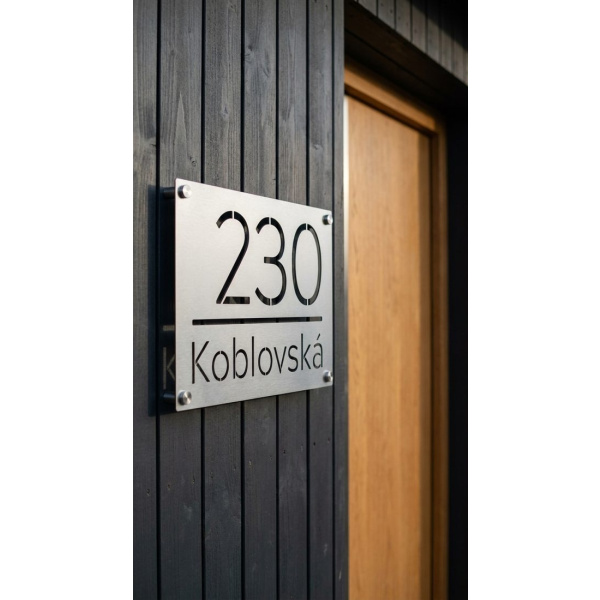 Cedule 230 Koblovská z nerezi na fasádě